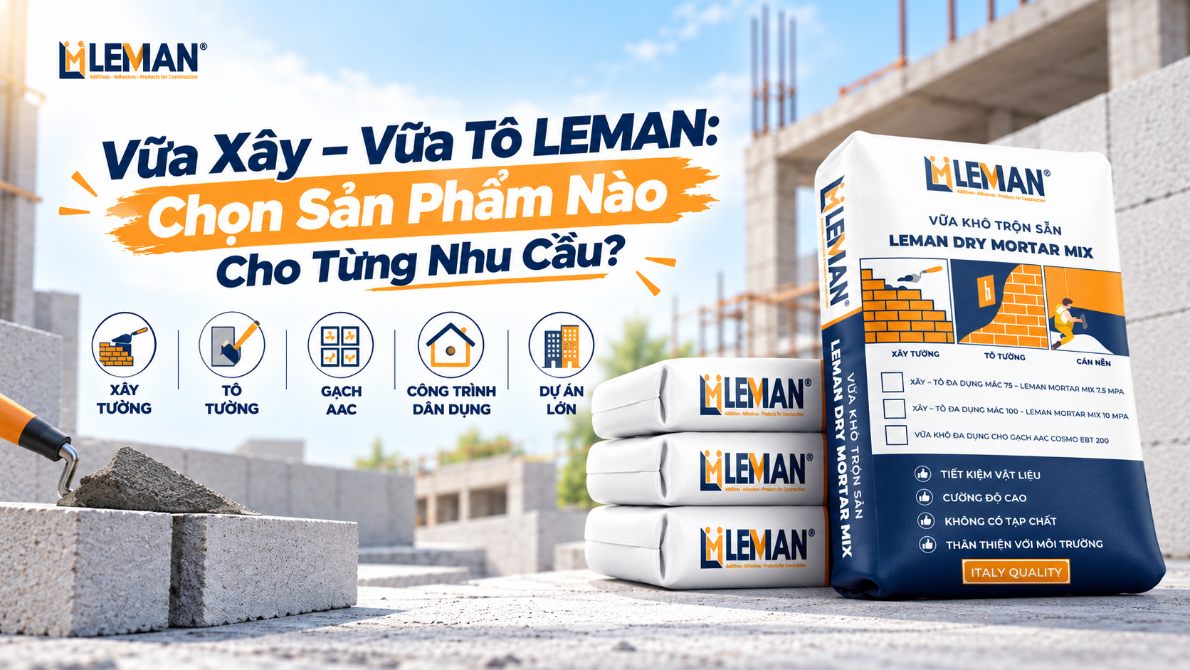 Vữa Xây Tô Trộn Sẵn LEMAN: Chọn Sản Phẩm Nào Cho Từng Nhu Cầu?